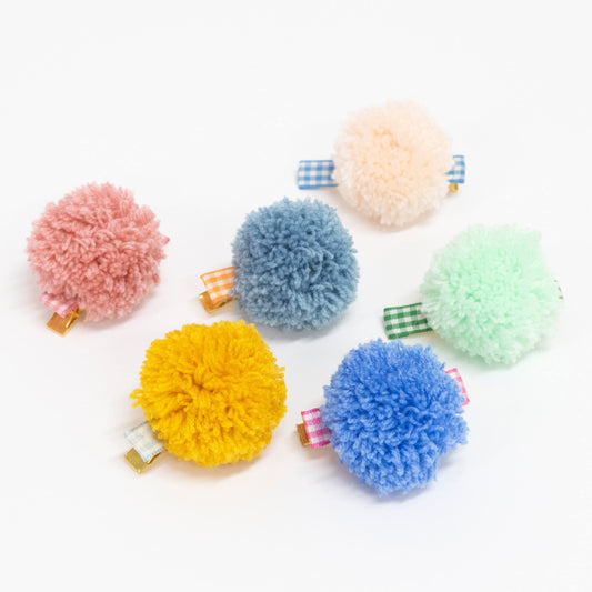 Gingham & Big Pom Pom Hair Clips (Pack of 6)