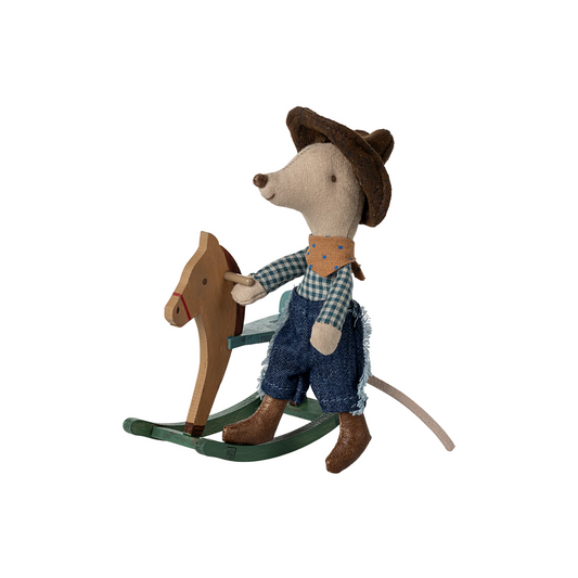 Cowboy mouse on rocking horse, Little brother