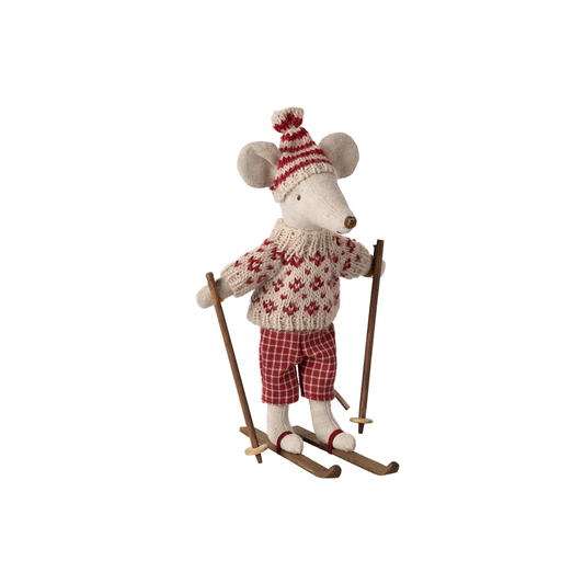 Winter mouse with ski set, Mum - Red